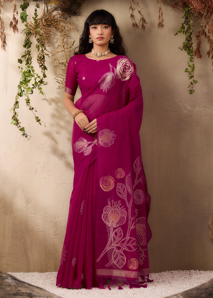 Magenta Pink Woven Soft Silk Saree