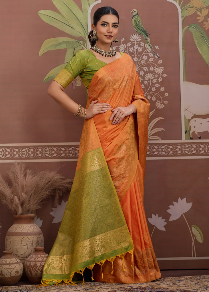 Autumn Orange Woven Tussar Silk Saree