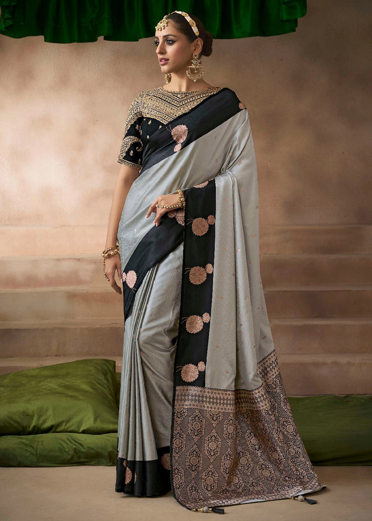 “Exclusive Offer” : Grey & Black Woven Banarasi Satin Silk Saree