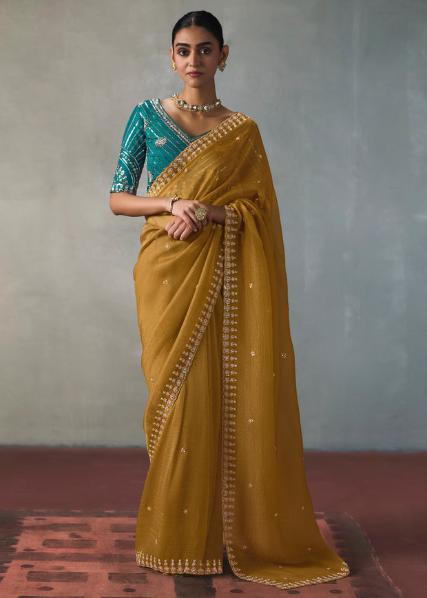 Mustard Yellow Embroidered Silk Saree With Heavy Blouese