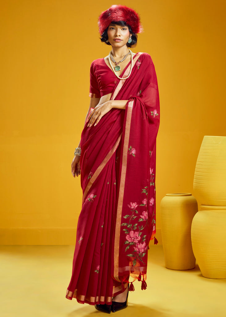 Festive Red Woven Munga Cotton Silk Saree