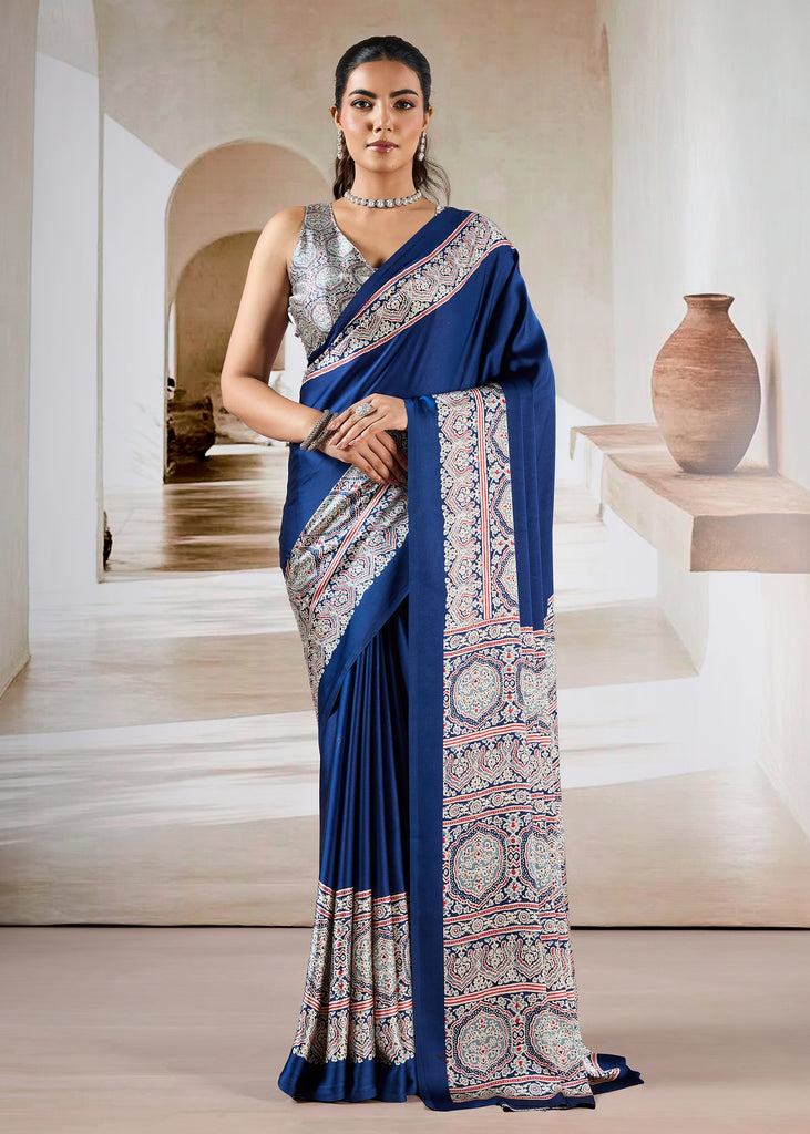 Navy Blue Printed Satin Silk Saree