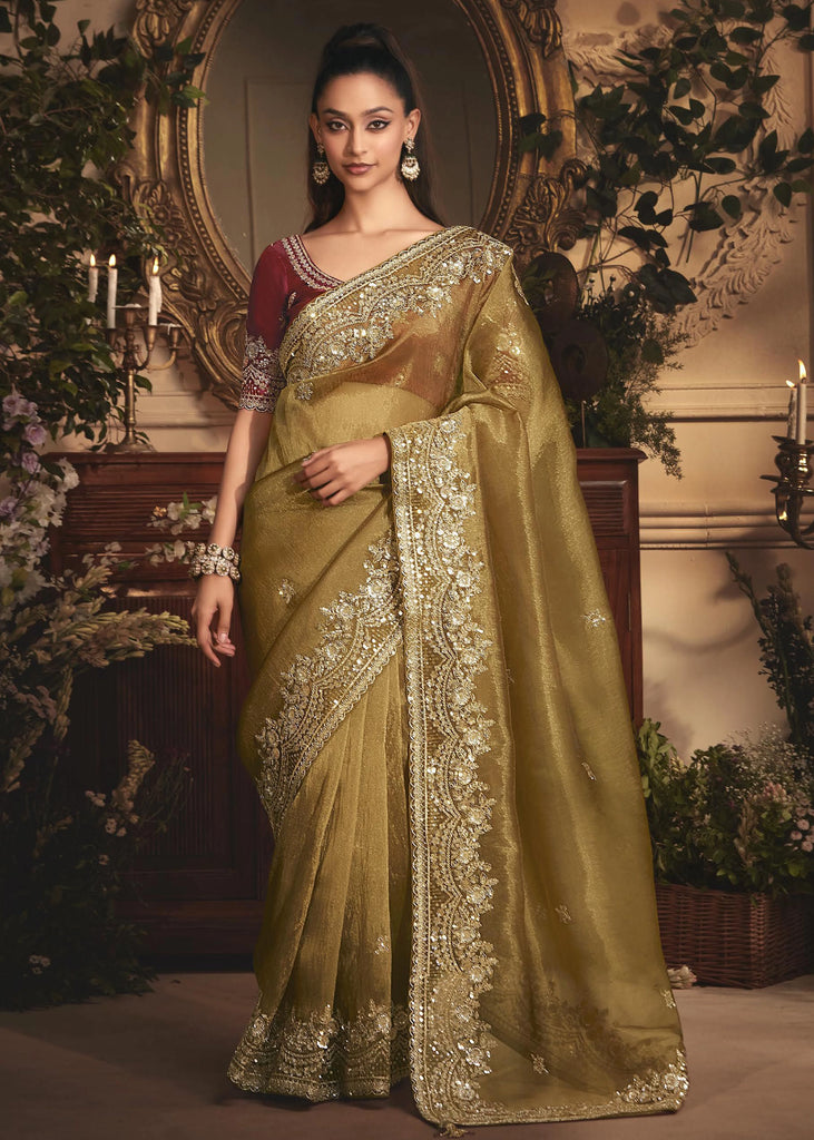 Bronze Green Tissue Organza Designer Saree