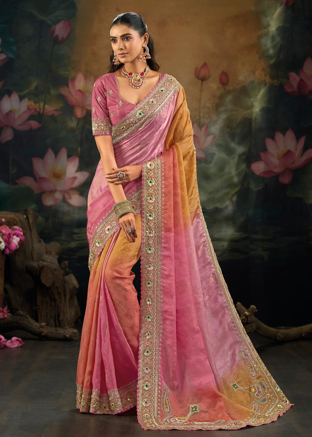 Pink Yellow Ombre Embroidered Designer Saree