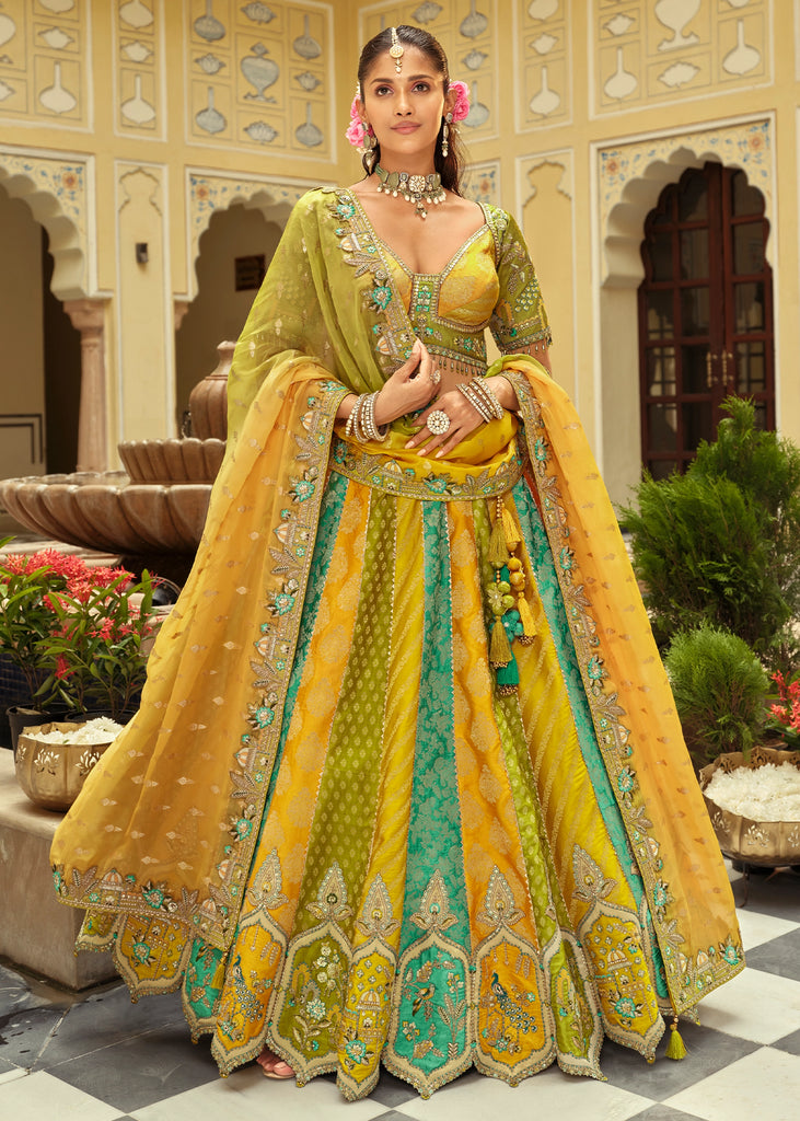 Yellow & Green Embroidered Stitched Designer Lehenga
