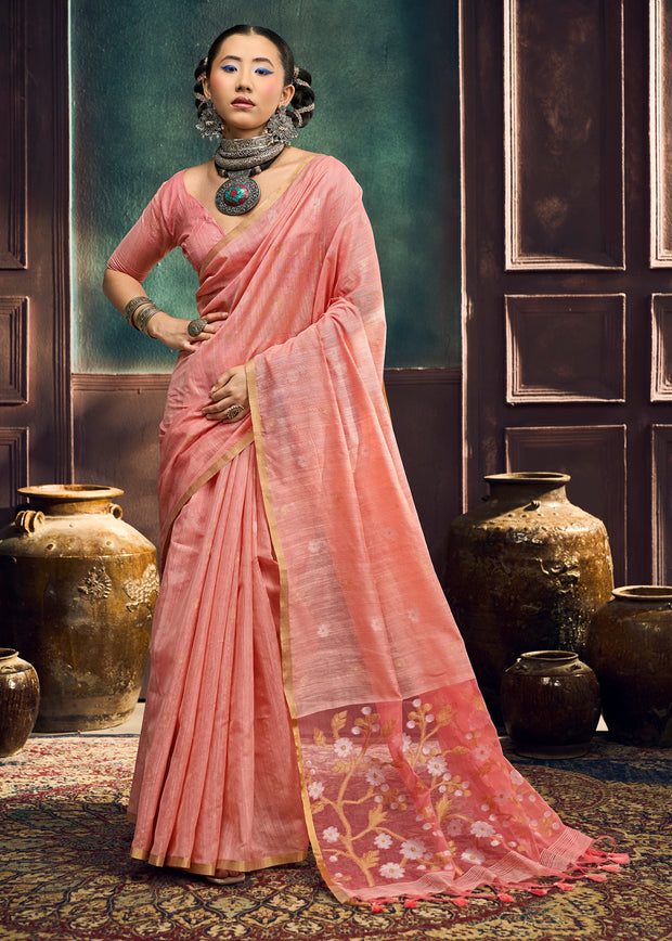 Peach Pink Woven Munga Cotton Silk Saree