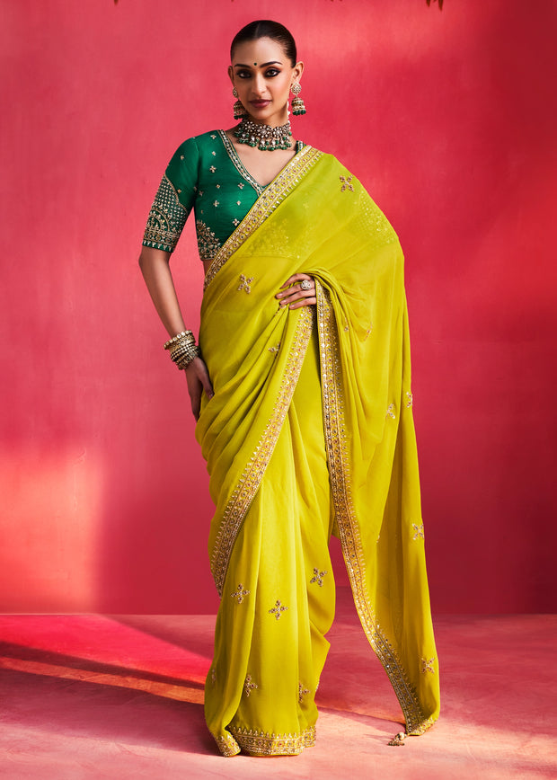 Lime Green Embroidered Soft Silk Saree With Contrast Blouse