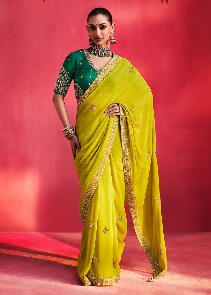 Lime Green Embroidered Soft Silk Saree With Contrast Blouse