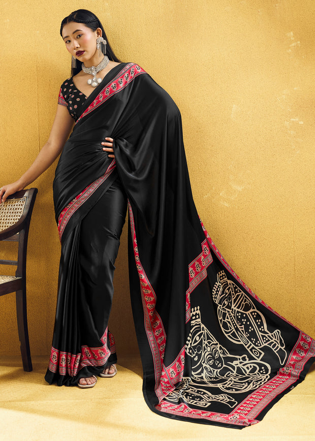 Black Satin Silk Saree with Ajrakh Printed Pallu and Blouse
