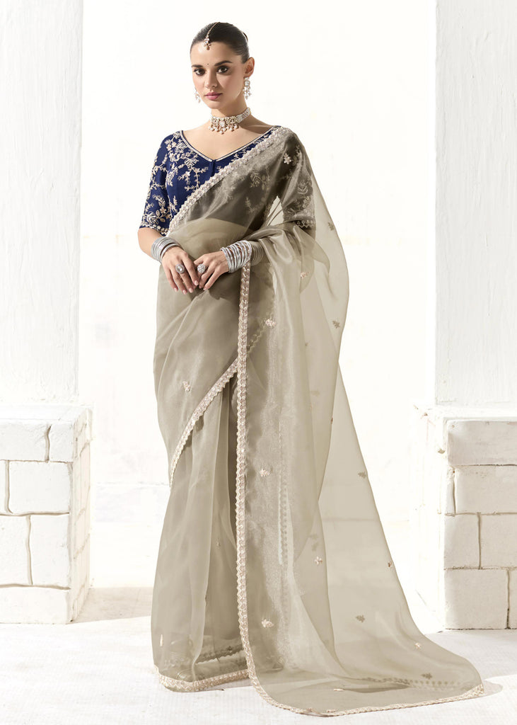 Powder Grey Designer Organza Tissue Silk Saree