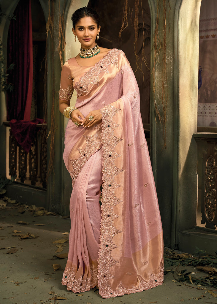 Blossom Pink Designer Embroidered Silk Saree