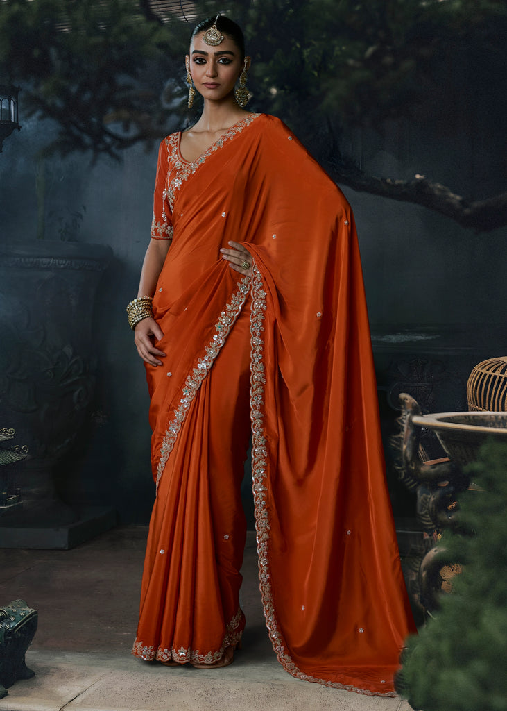 Burnt Orange Embroidered Designer Saree