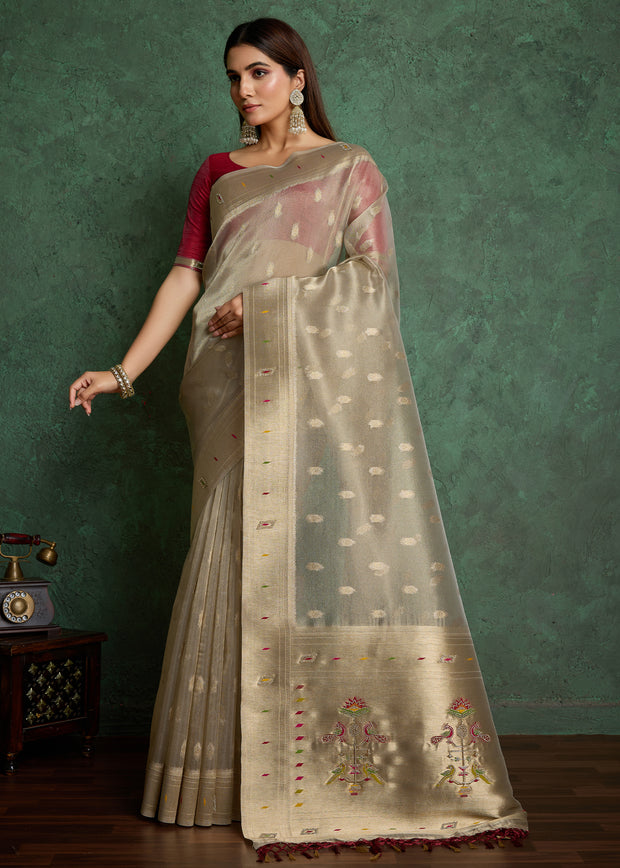 Silver Shine Woven Banarasi Tissue Saree With Meenakari Butas