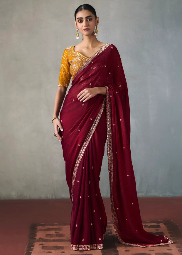 Maroon Embroidered Silk Saree With Heavy Blouse
