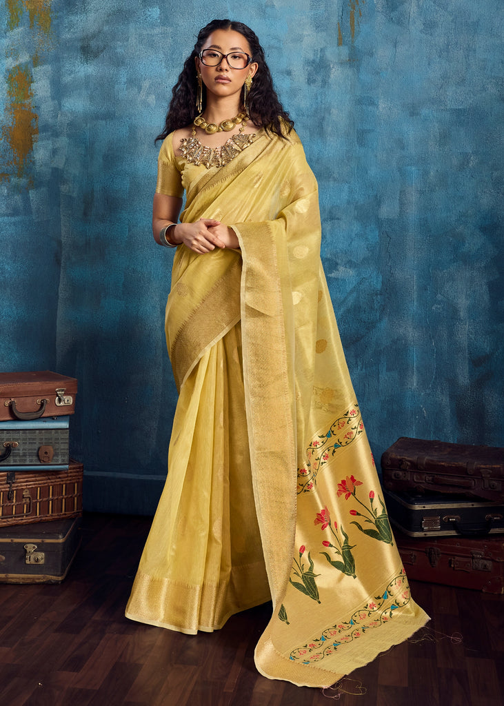 Pastel Yellow Woven Paithani Tissue Silk Saree