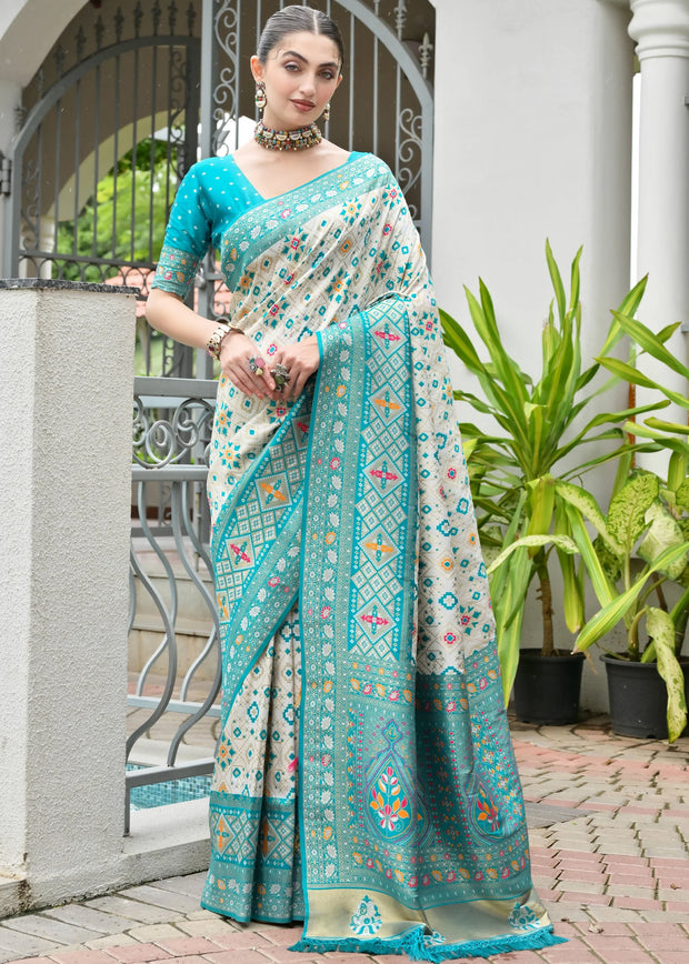 White & Sea Green Woven Banarasi Patola Silk Saree