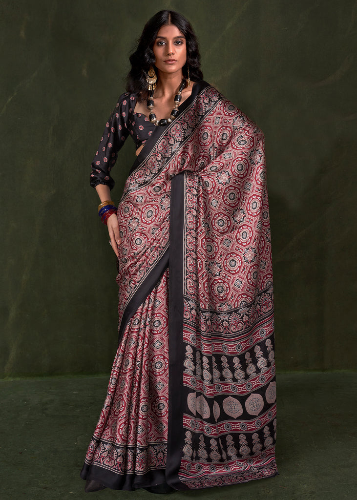Black And Red Printed Satin Crepe Silk Saree