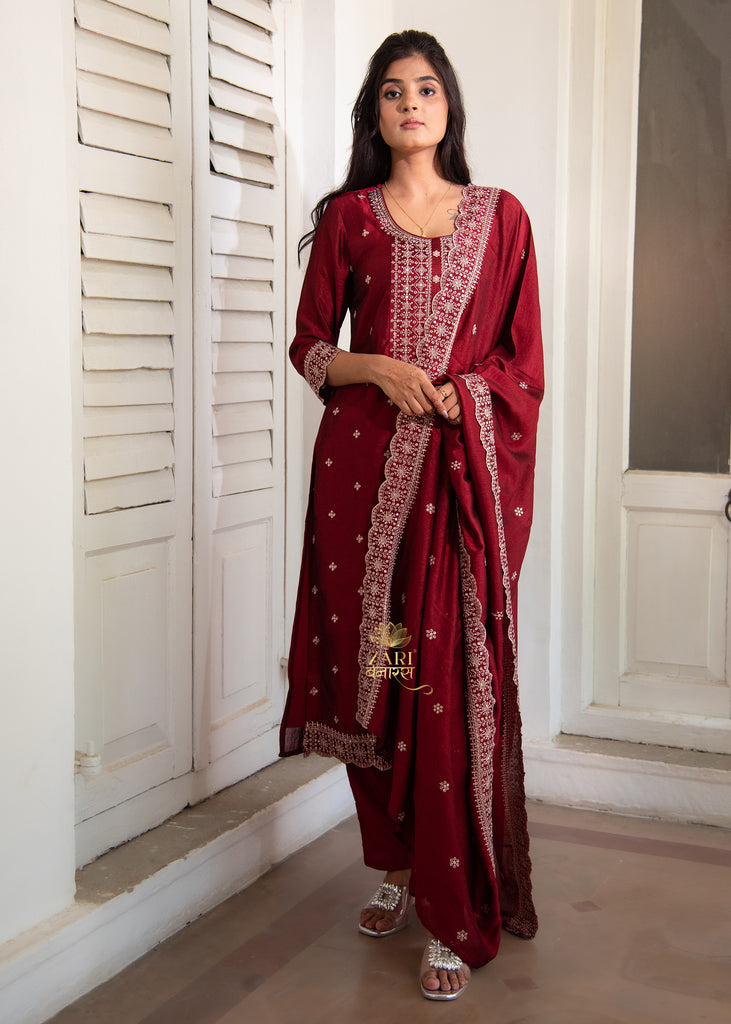 Maroon Majesty Metallic Embroidered Suit (10702842003649)