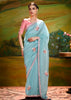 Sky Blue Heavy Embroidered Designer Silk Saree With contrast Blouse
