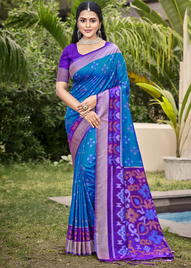 Nautical blue Patola silk saree with double-ikat woven geometric motifs