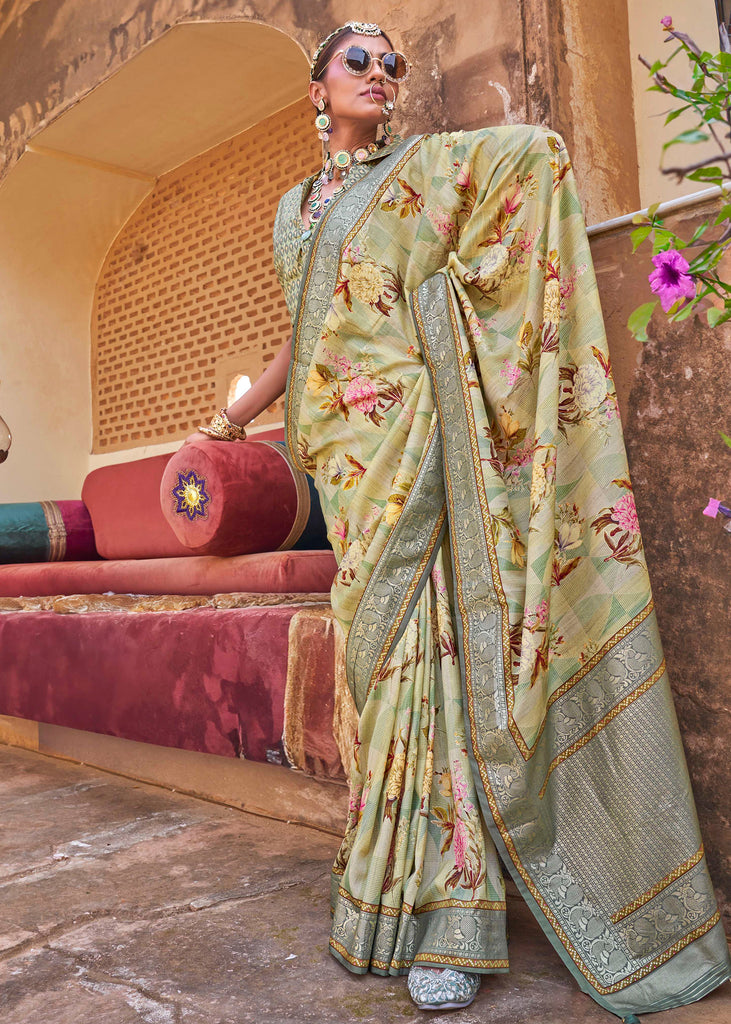 Herbal Green Floral Printed Silk Saree With Contrast Border