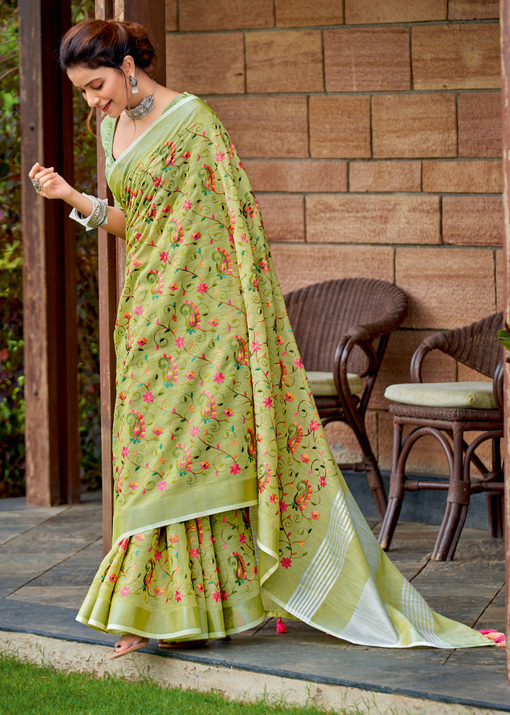Lime Green Woven Linen Silk Saree