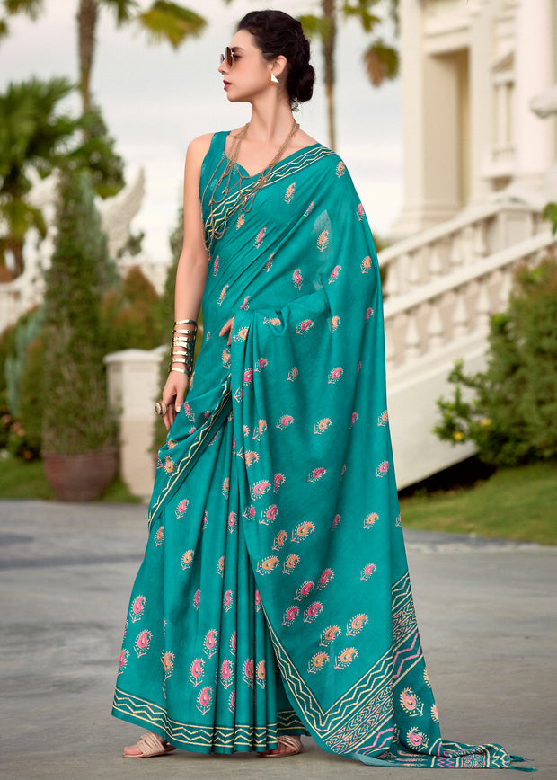 Teal Green Printed Cotton Silk Saree