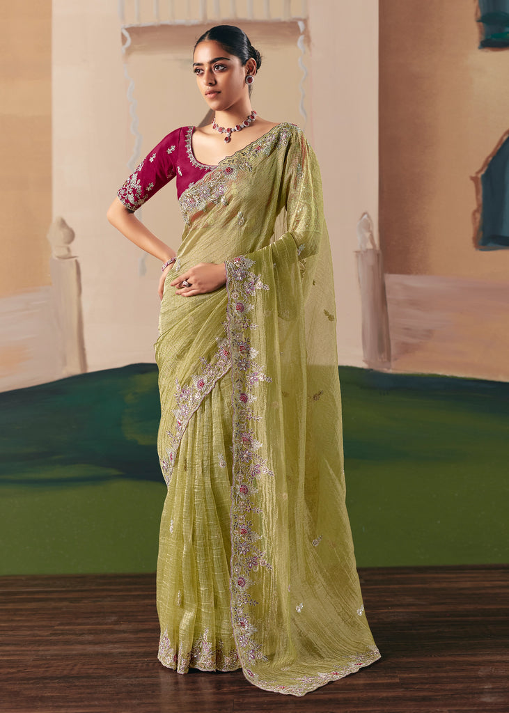 Pista Green Embroidered Designer Silk Saree