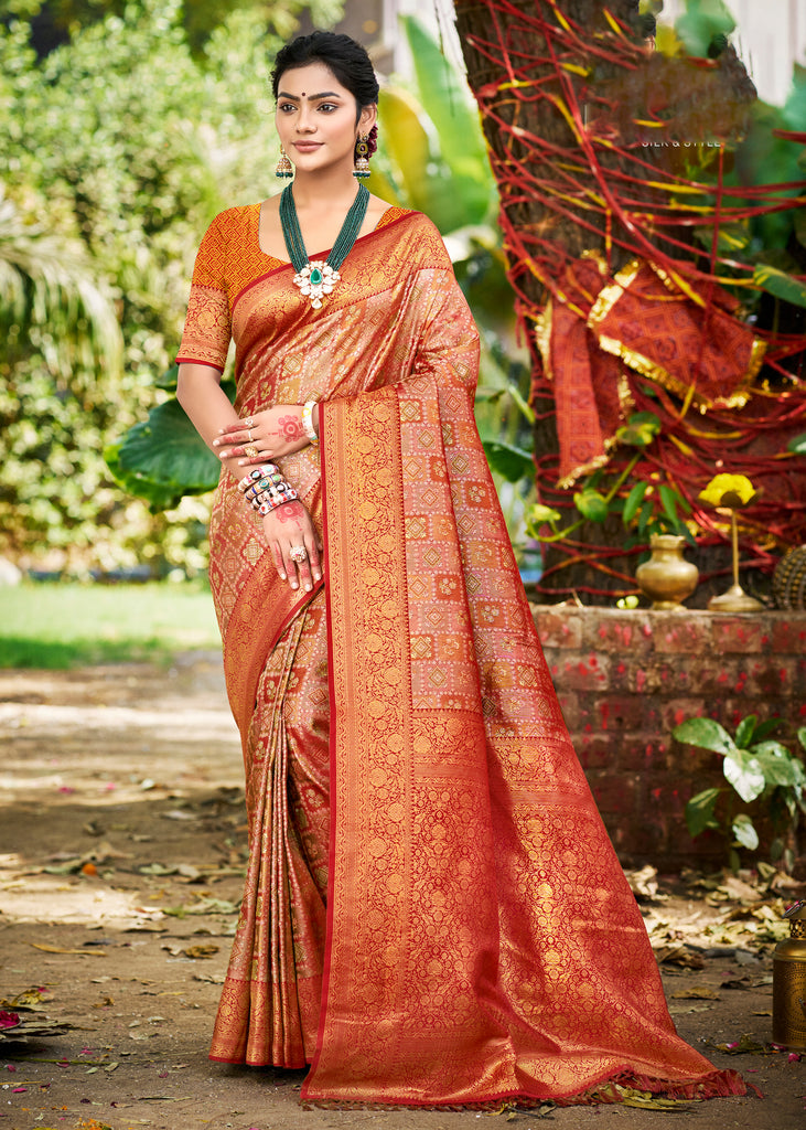 Cherry Red Dual Tone Woven Banarasi Silk Saree