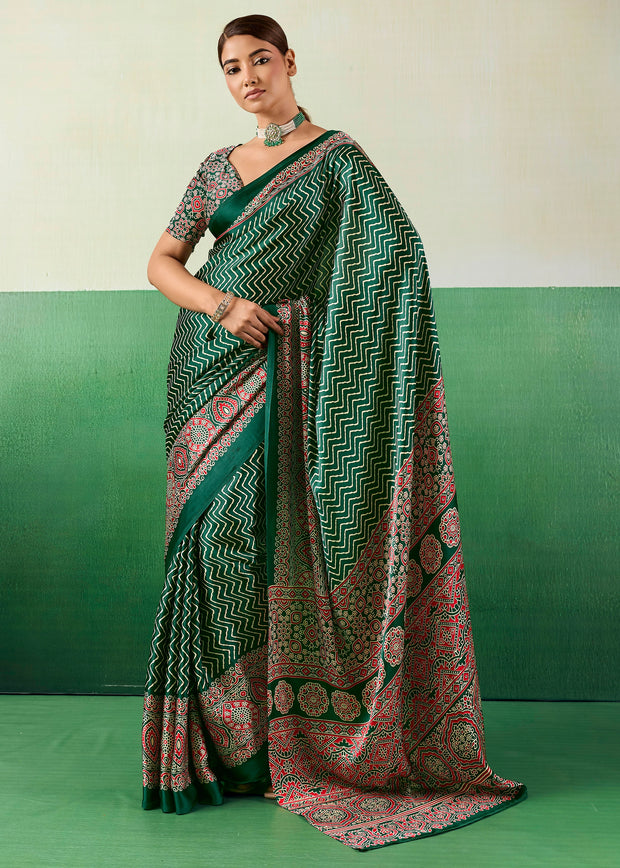 Hunter Green Printed Satin Silk Saree