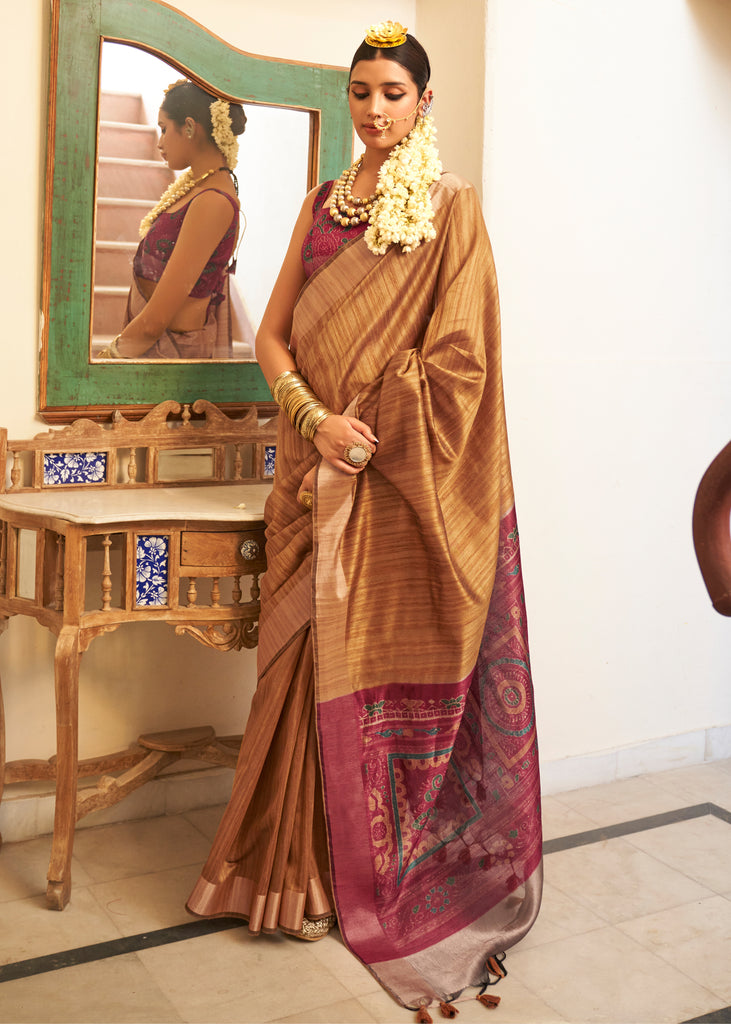 “Exclusive Offer” : Almond Brown Woven Banarasi Tussar Silk Saree