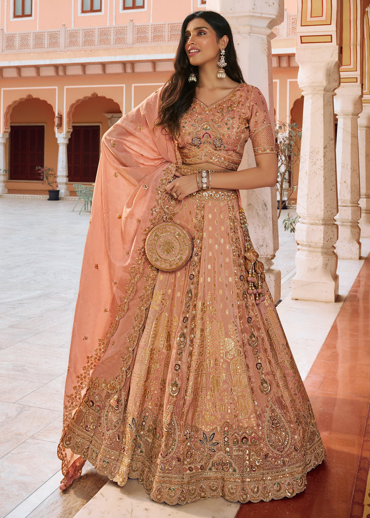 Peach Banarasi Silk Embroidered Lehenga