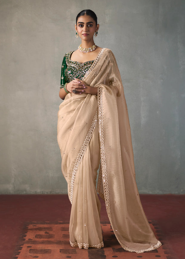 Golden Beige Embroidered Silk Saree With Heavy Blouse