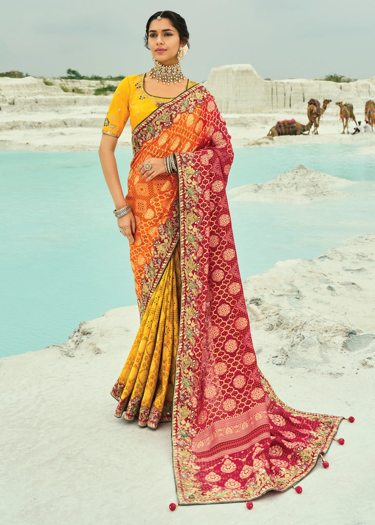 Red & Yellow Woven Georgette Bandhej Designer Saree