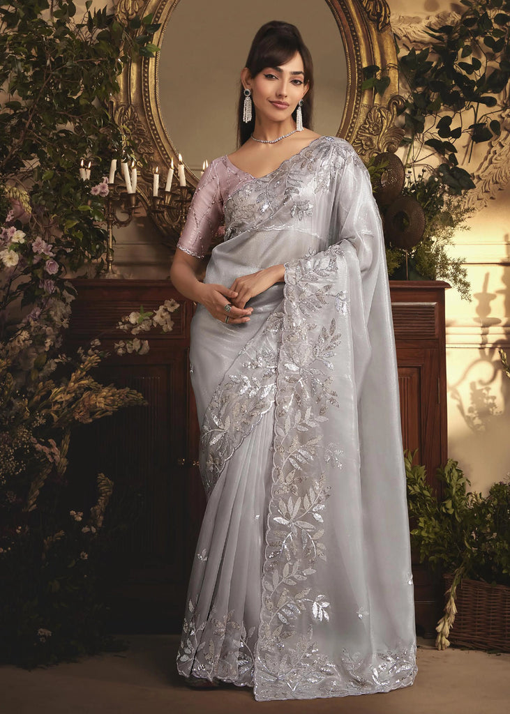 Platinum Grey Tissue Organza Designer Saree