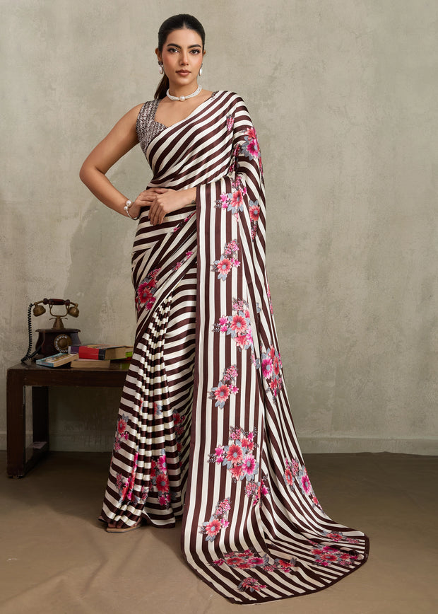 Brown And White Printed Satin Silk Saree