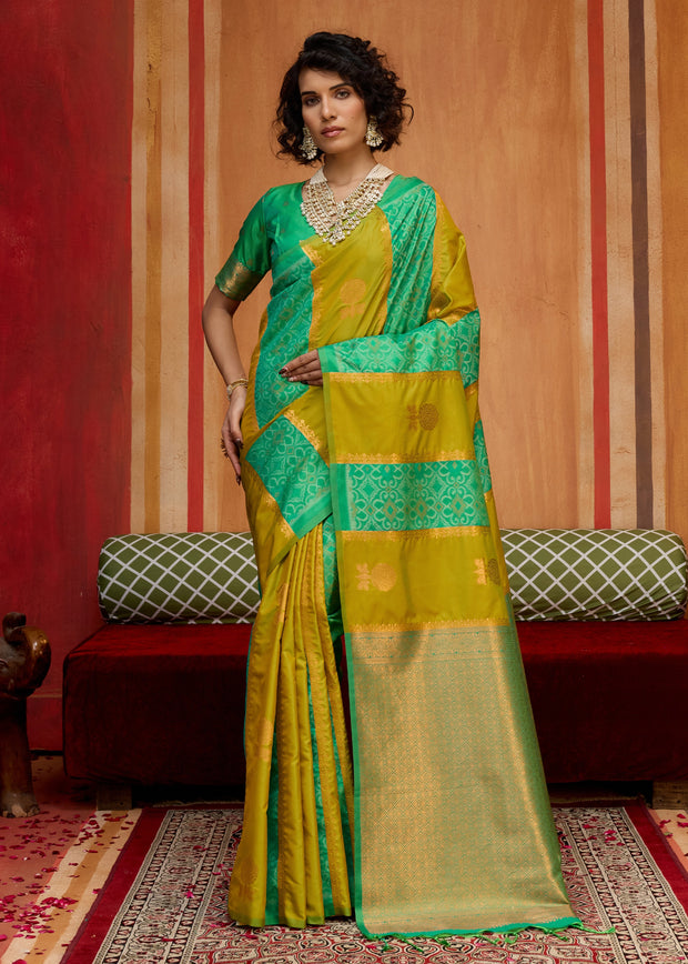 Green Yellow Woven Banarasi Silk Saree
