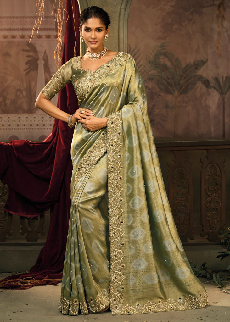 Mehndi Green Designer Embroidered Silk Saree