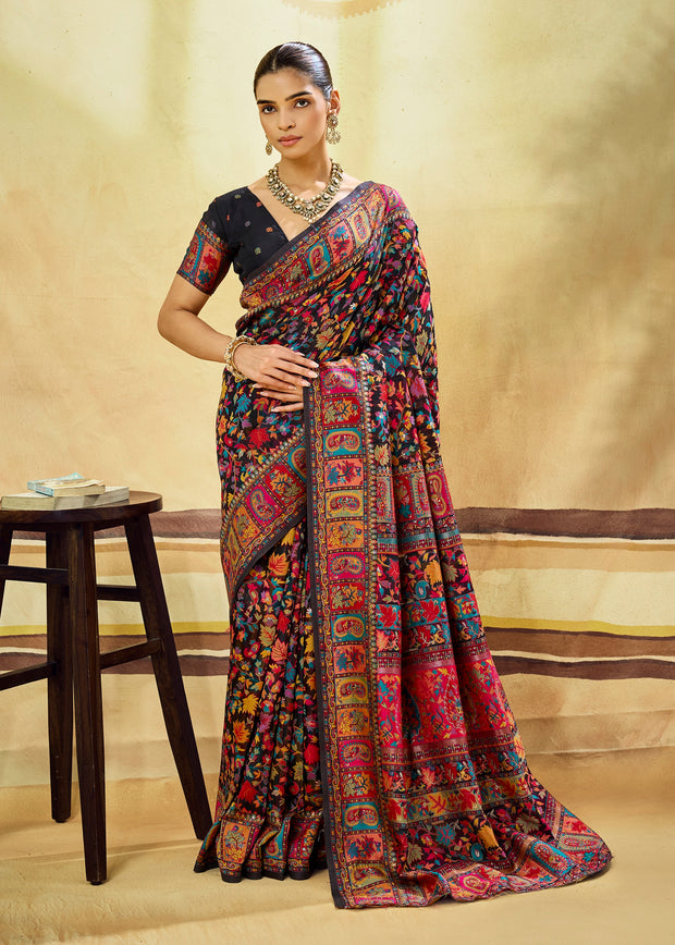 Black Woven Cotton Kashmiri Jamewar Saree