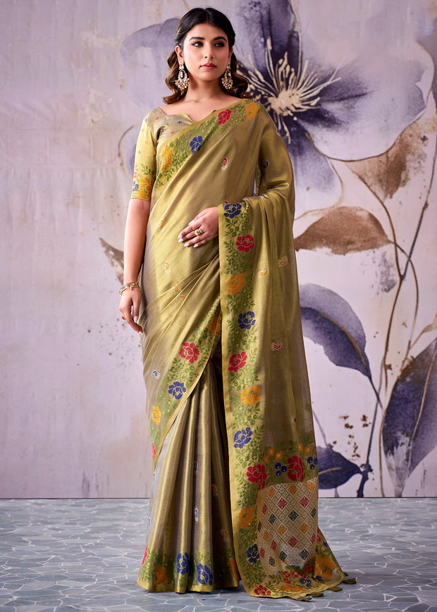 Olive Green Woven Tissue Silk Saree