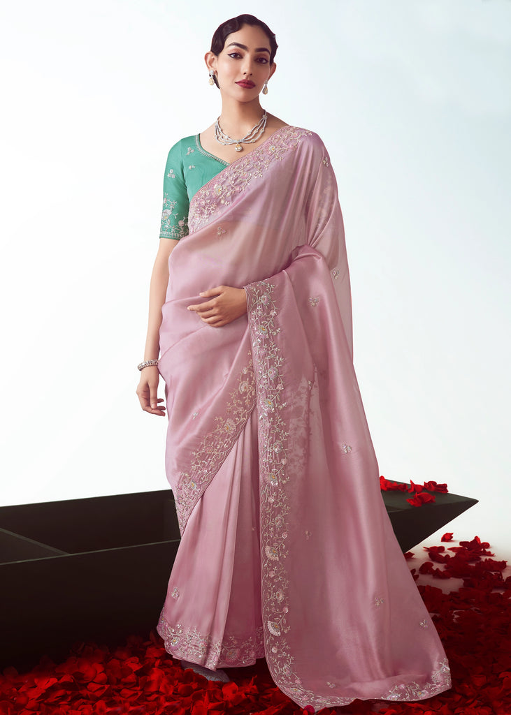 Delight Pink Embroidered Designer Tissue Saree