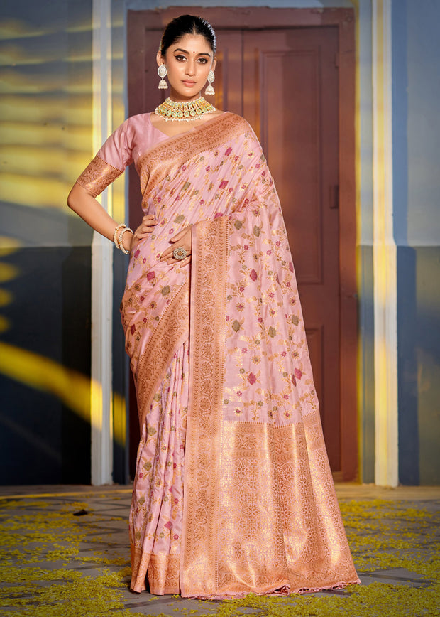 Lilac pink Banarasi silk saree with brocade weave and matching blouse piece