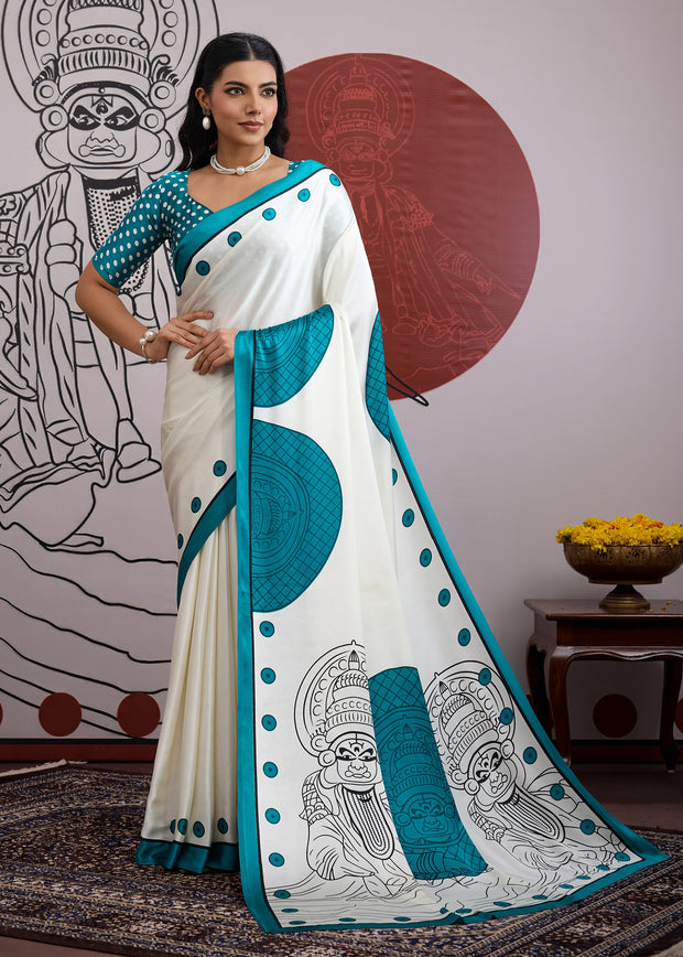 Teal Blue Printed Satin Silk Saree