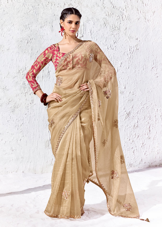 Beige Designer Organza Silk Saree With Printed Blouse