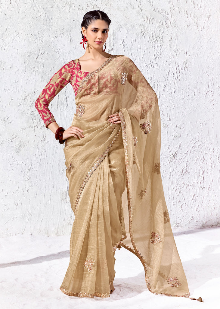 Beige Designer Organza Silk Saree With Printed Blouse