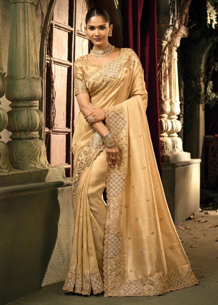 Cream Embroidered Designer Tissue Saree