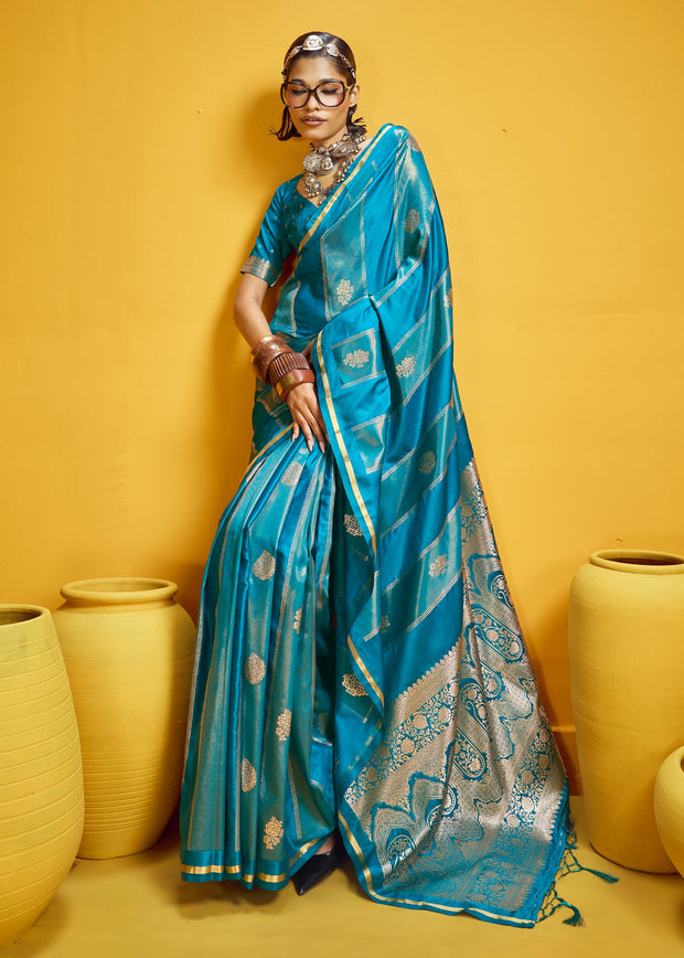 Vivid Blue Woven Banarasi Satin Silk Saree