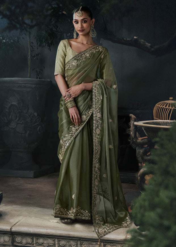 Olive Green Embroidered Designer Saree