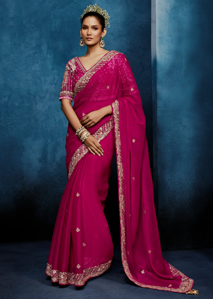 Princess Pink Embroidered Designer Tissue Saree