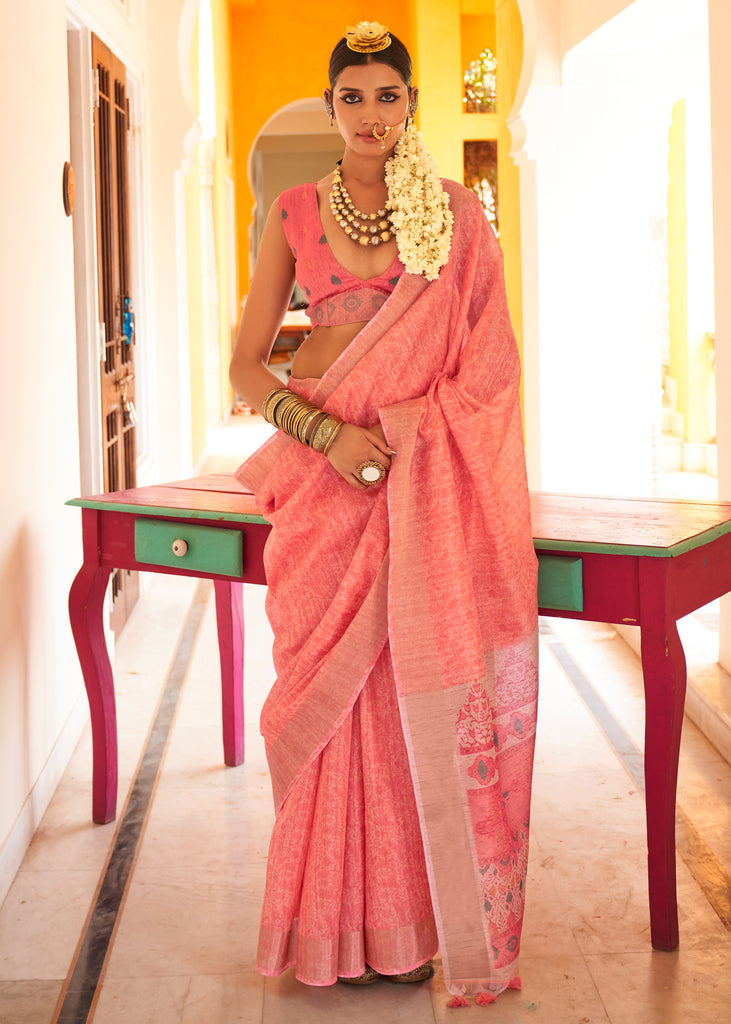 “Exclusive Offer” : Peach Pink Woven Banarasi Tussar Silk Saree